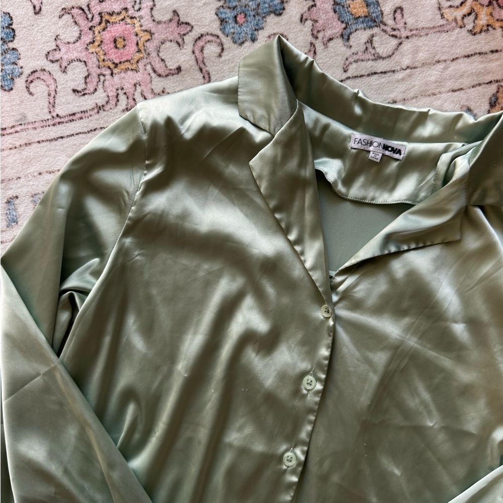 Fashion Nova Satin Blouse in Light Sage